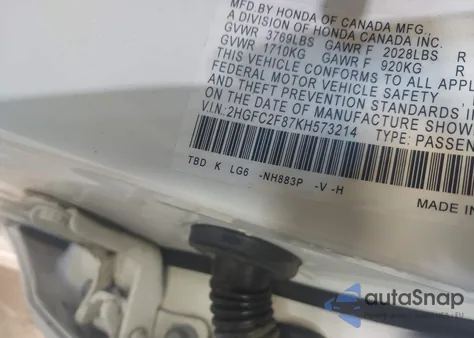 2019 Honda Civic Sport from USA, damaged, VIN 2HGFC2F87KH573214